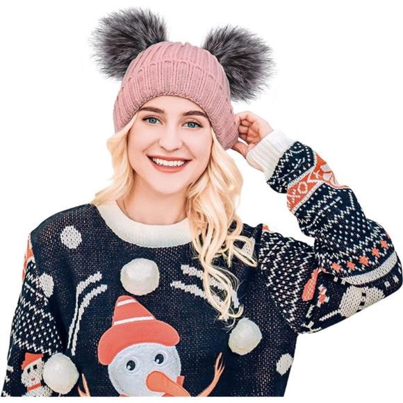 Arctic Paw Womens Winter Hat Cable Knit Beanie for Women Faux Fur Pompom Ears main image 6